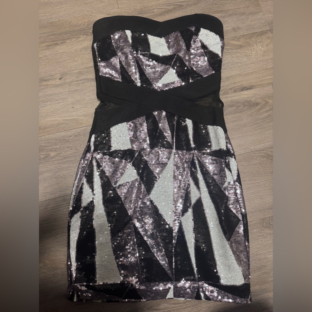Ruby Rox Black and Silver Sequin Strapless Cocktail Dress